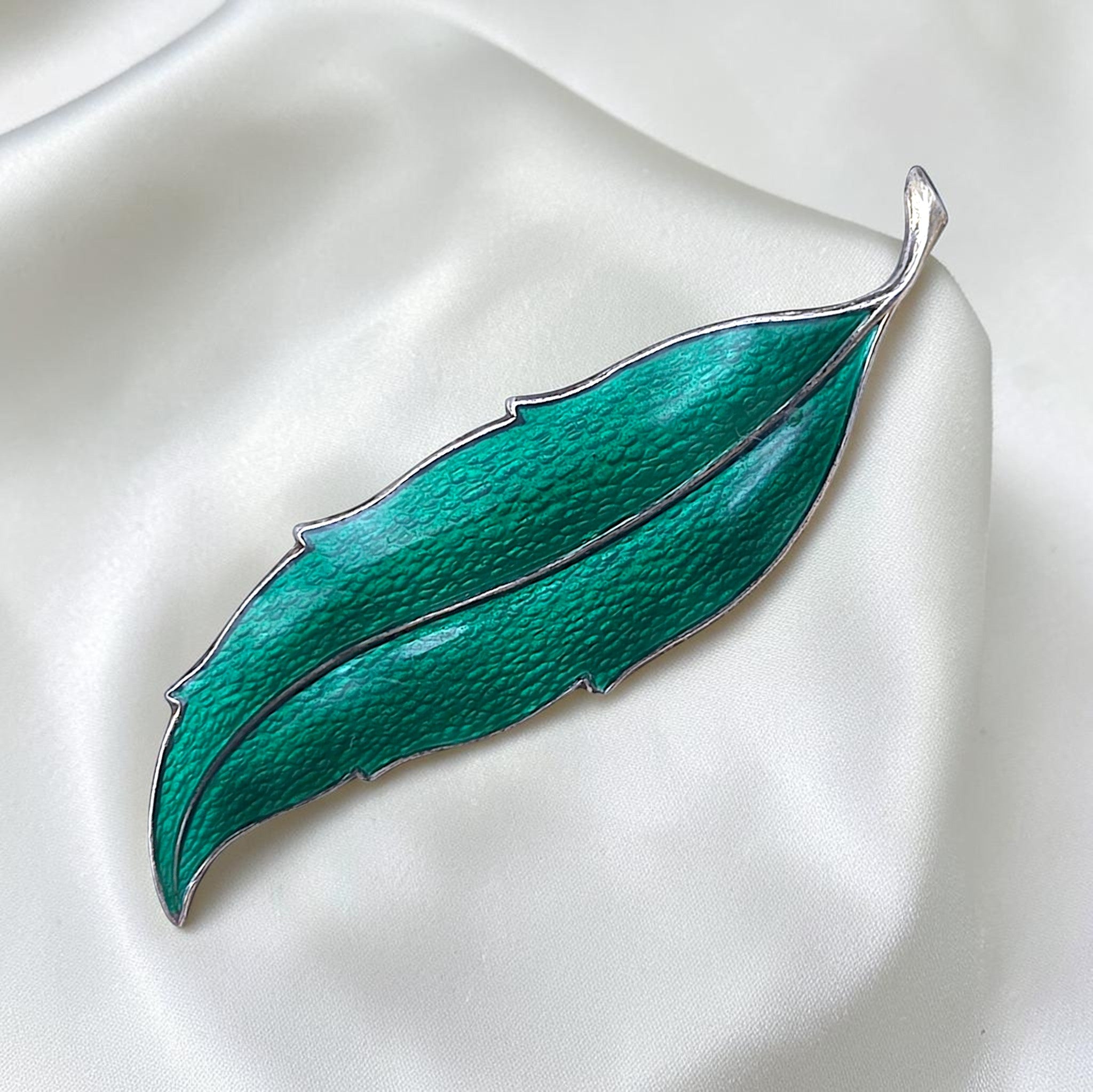 Vintage Finn Jensen Sterling Silver Green Guilloche Enamel Leaf Brooch