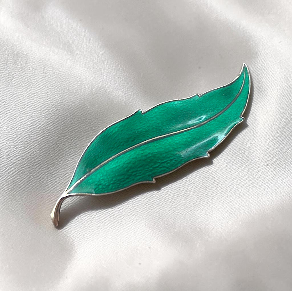 Vintage Finn Jensen Sterling Silver Green Guilloche Enamel Leaf Brooch