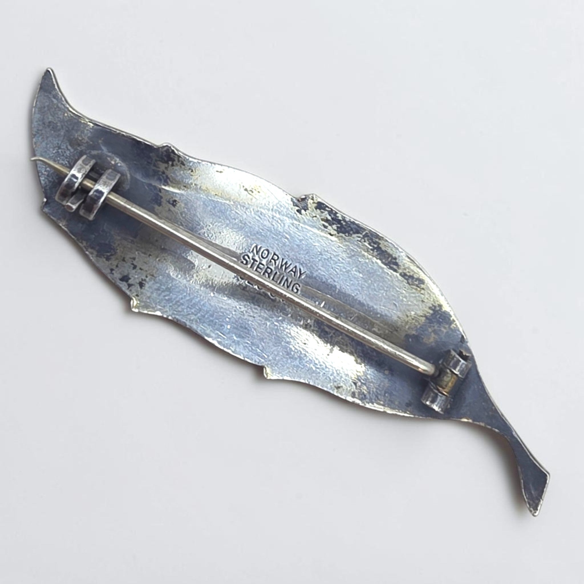 Vintage Finn Jensen Sterling Silver Green Guilloche Enamel Leaf Brooch