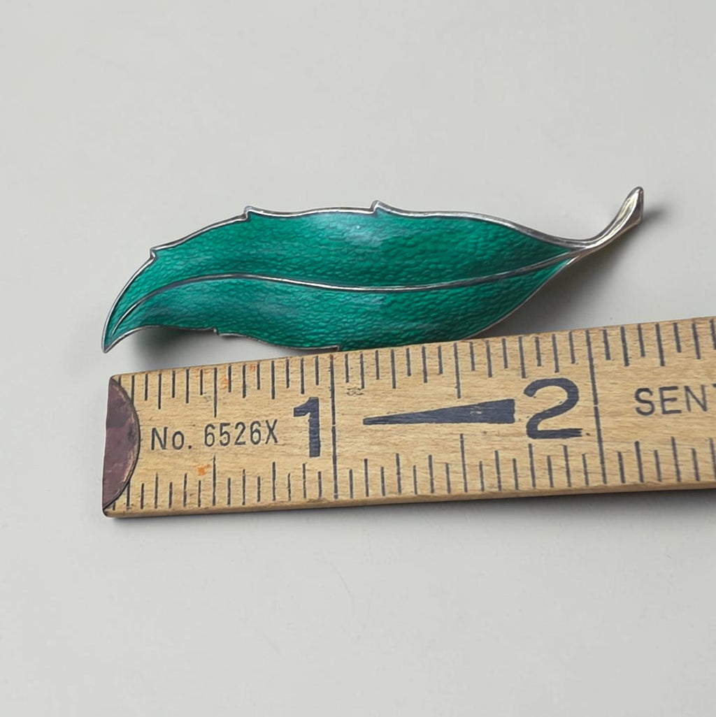 Vintage Finn Jensen Sterling Silver Green Guilloche Enamel Leaf Brooch