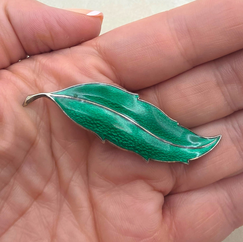 Vintage Finn Jensen Sterling Silver Green Guilloche Enamel Leaf Brooch