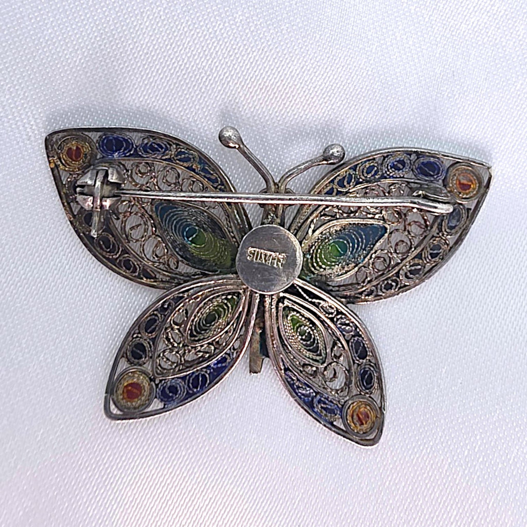 Vintage Chinese Export Sterling Silver Enamel Filigree Butterfly Brooch