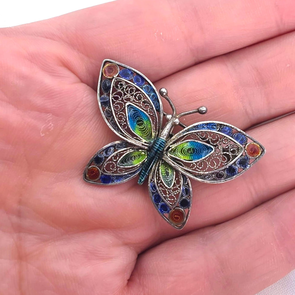 Vintage Chinese Export Sterling Silver Enamel Filigree Butterfly Brooch