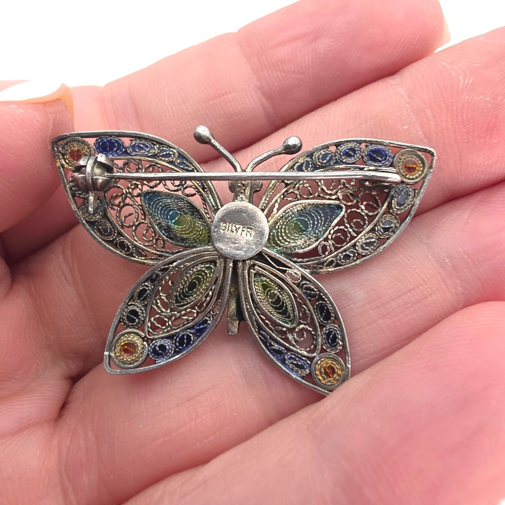 Vintage Chinese Export Sterling Silver Enamel Filigree Butterfly Brooch