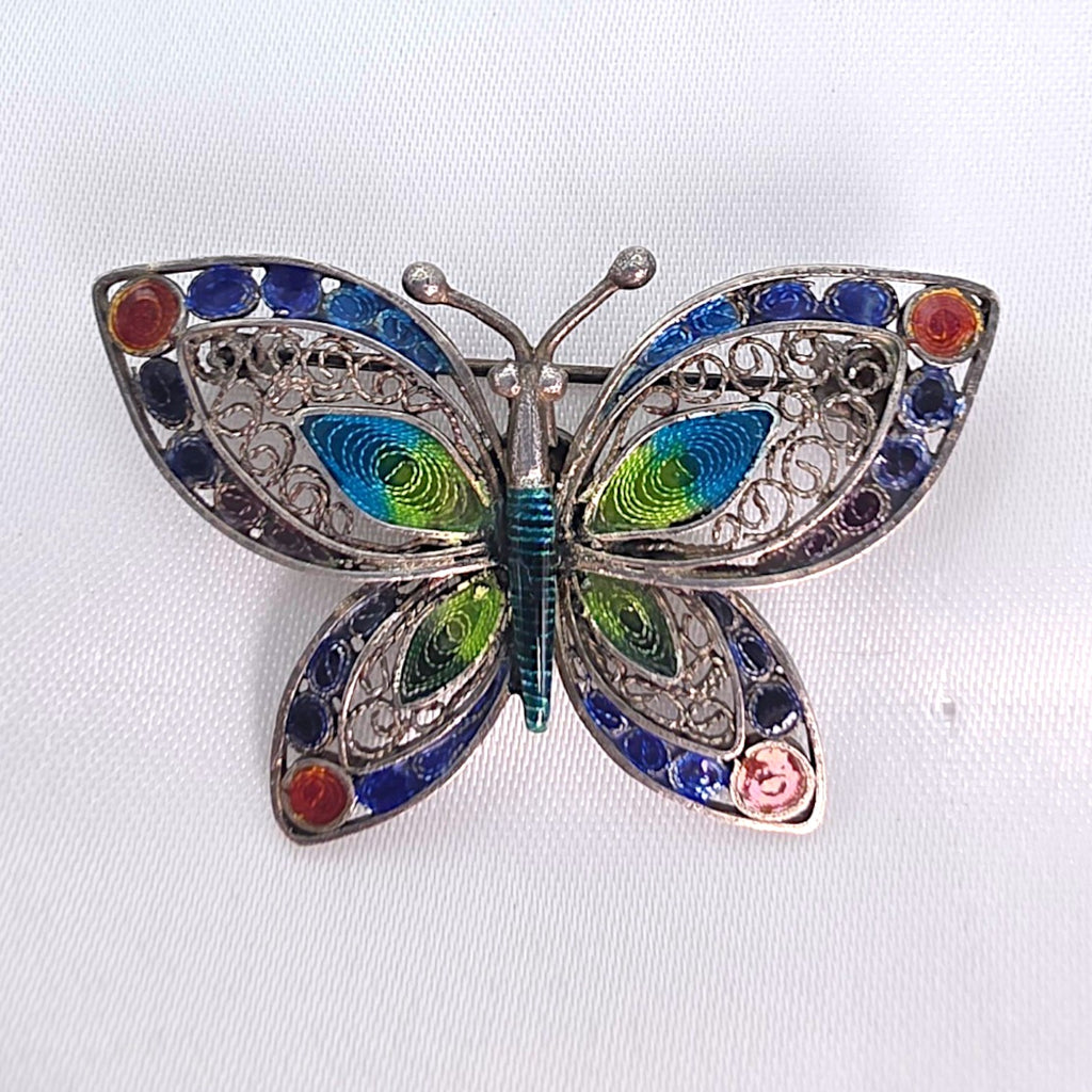 Vintage Chinese Export Sterling Silver Enamel Filigree Butterfly Brooch