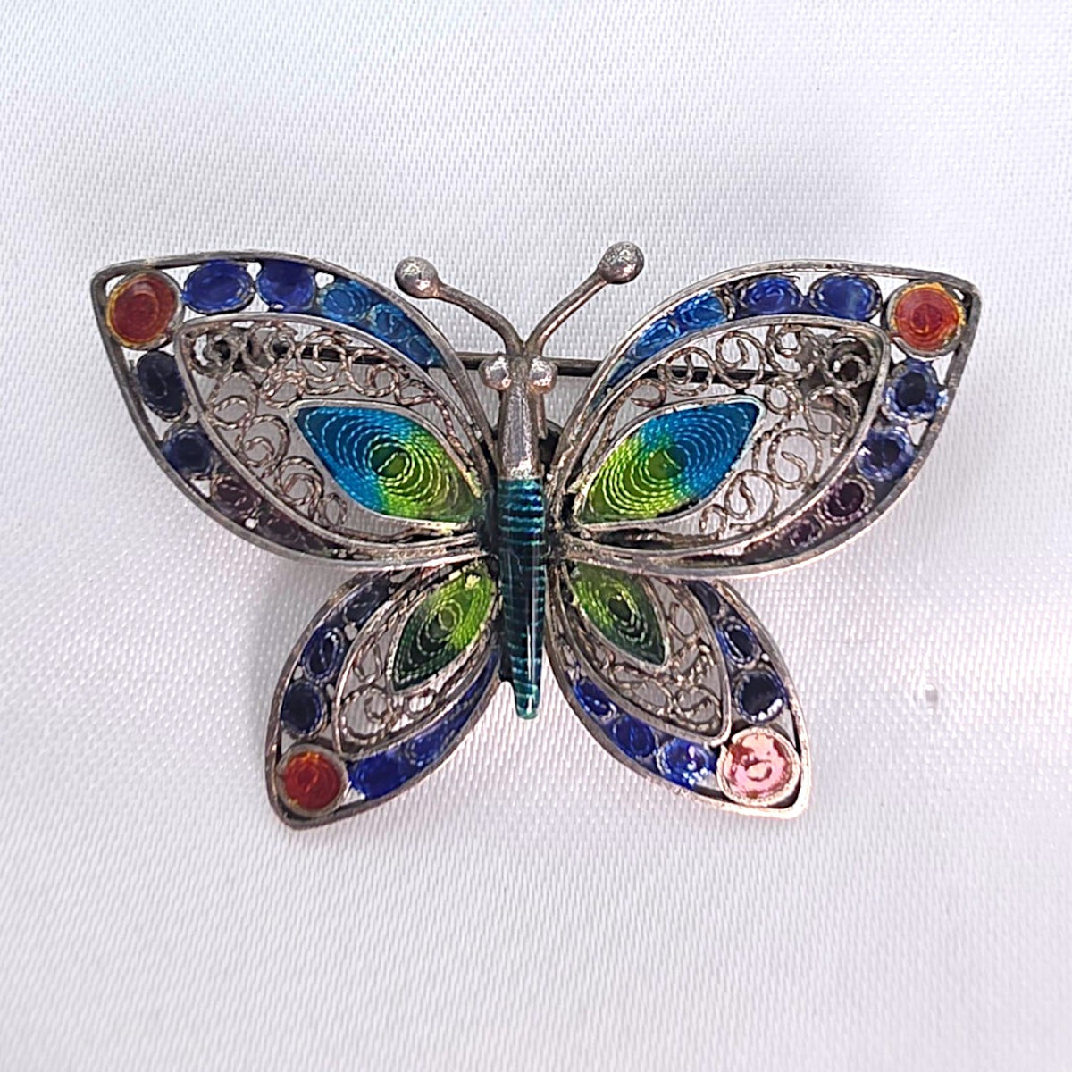 Vintage Chinese Export Sterling Silver Enamel Filigree Butterfly Brooch