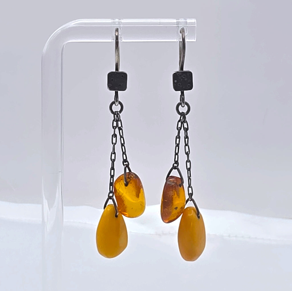 Vintage Sterling Silver Baltic Butterscotch Amber Dangle Drop Earrings