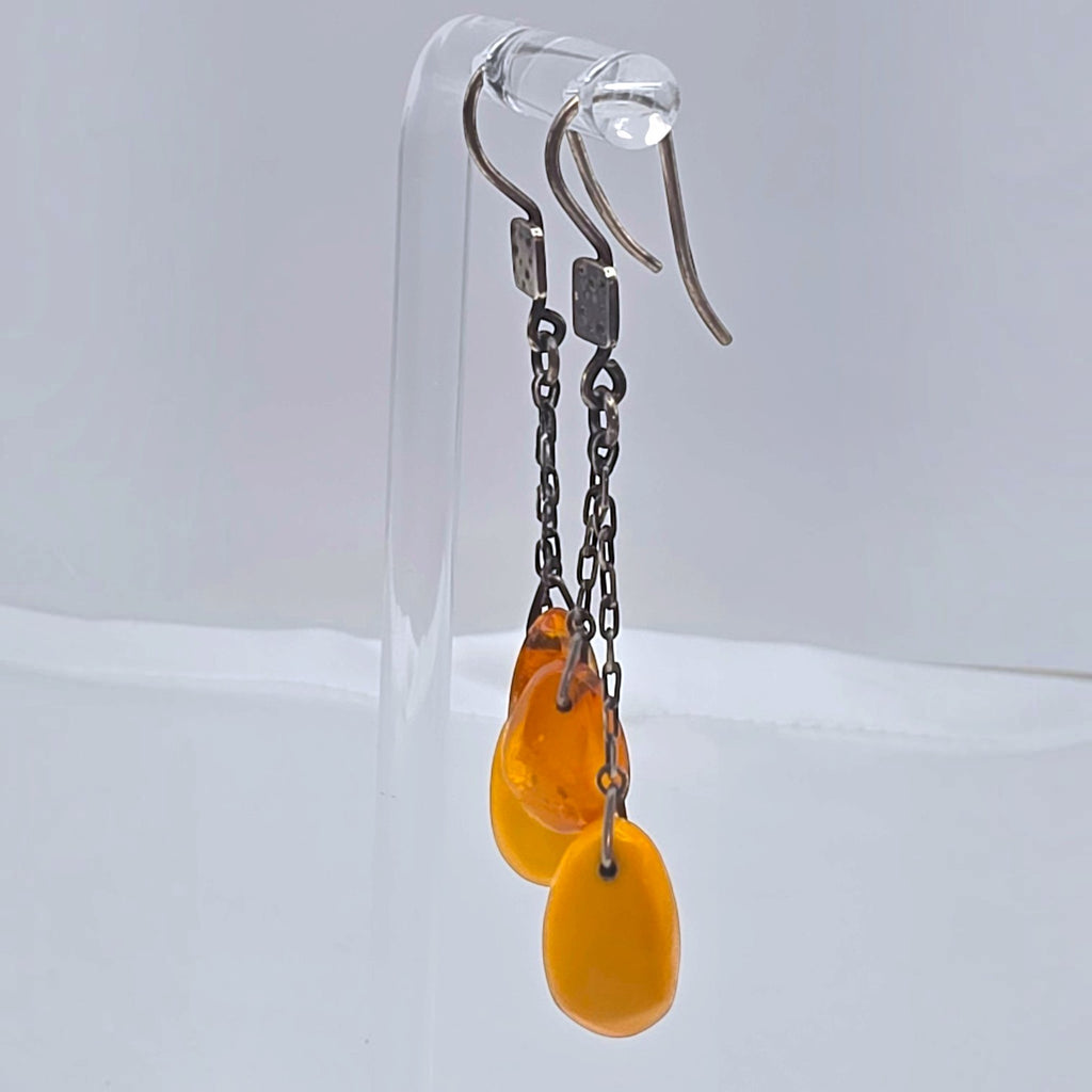 Vintage Sterling Silver Baltic Butterscotch Amber Dangle Drop Earrings