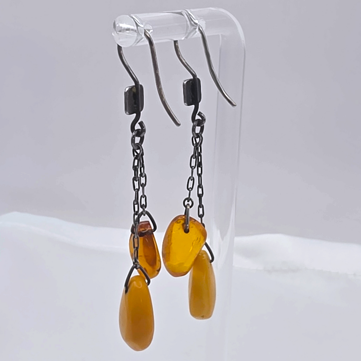 Vintage Sterling Silver Baltic Butterscotch Amber Dangle Drop Earrings