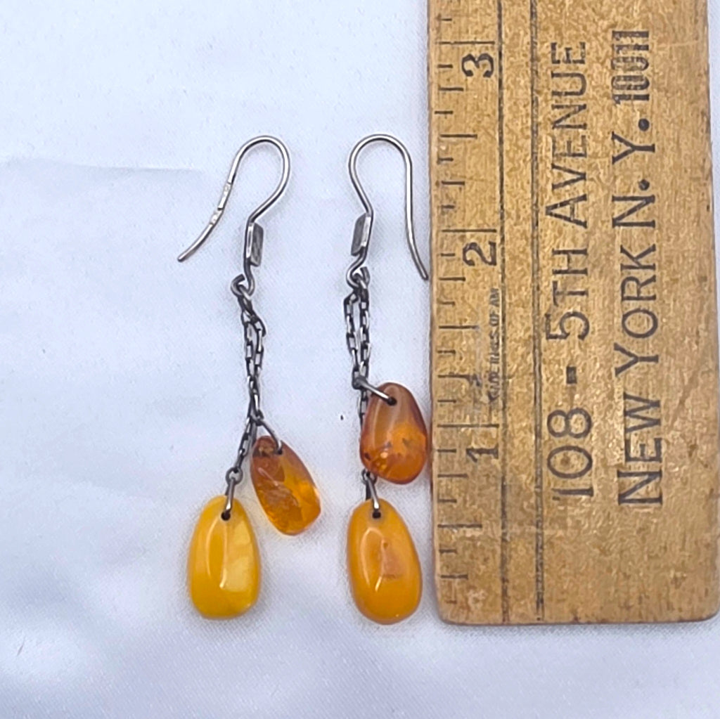 Vintage Sterling Silver Baltic Butterscotch Amber Dangle Drop Earrings