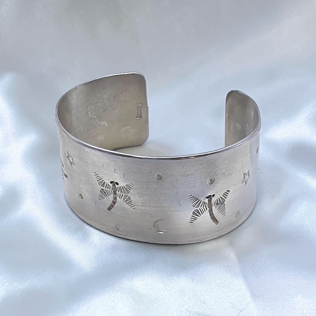 Vintage Heavy Sterling Silver Dragonfly Celestial Cuff Bracelet Hand Stamped