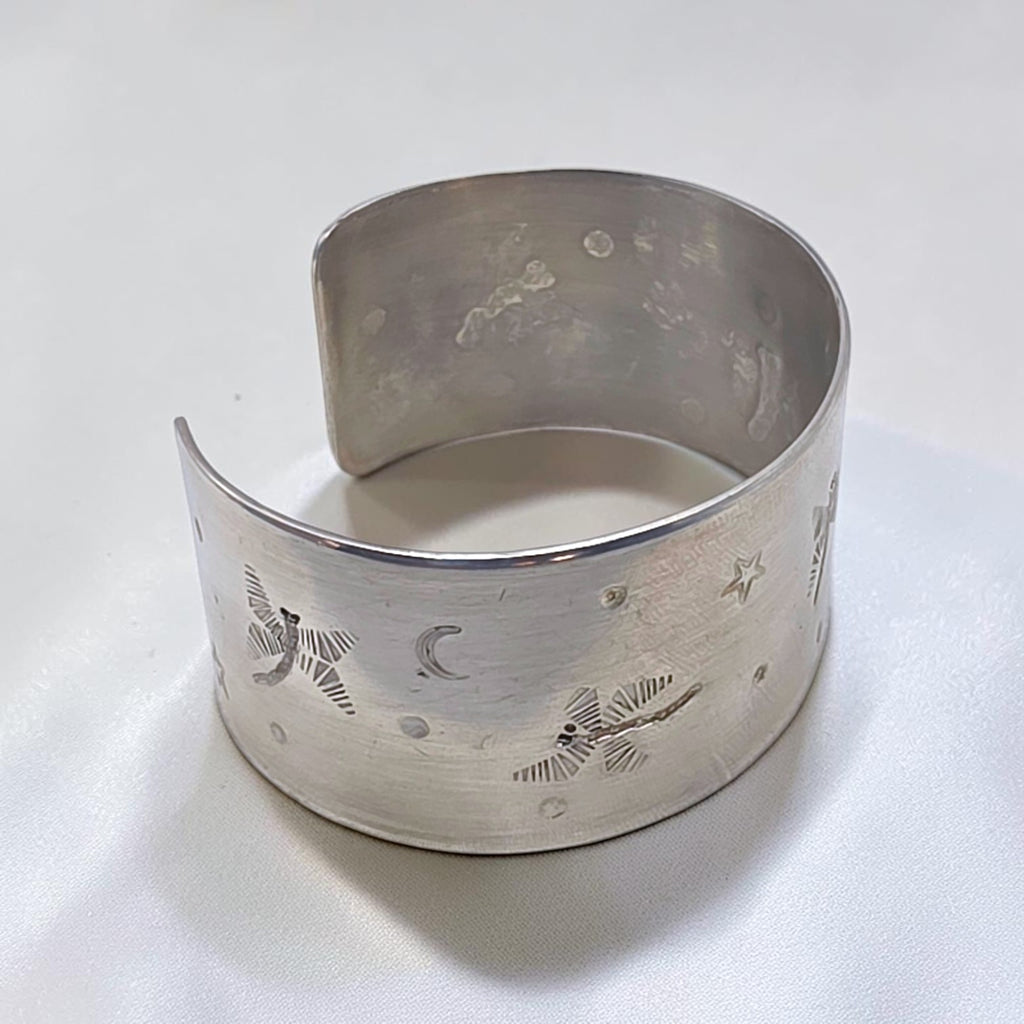 Vintage Heavy Sterling Silver Dragonfly Celestial Cuff Bracelet Hand Stamped