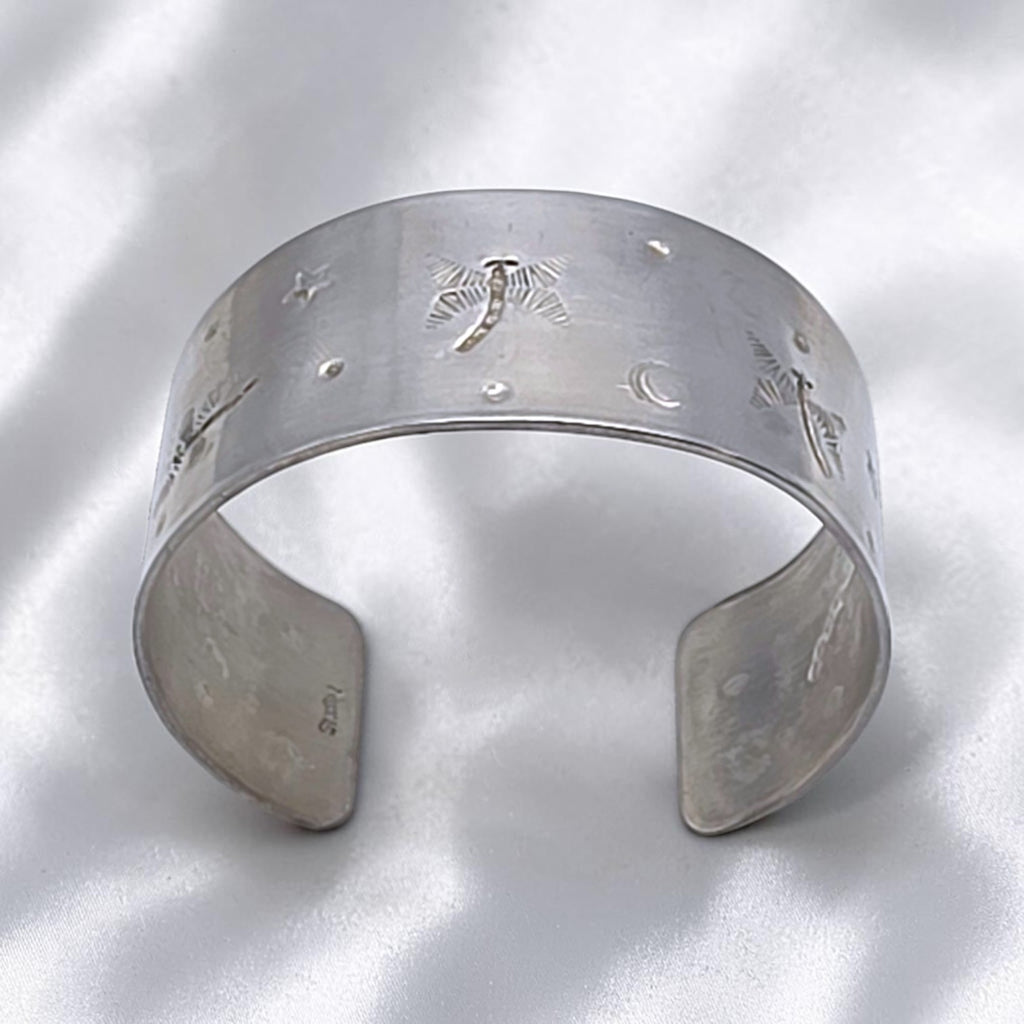 Vintage Heavy Sterling Silver Dragonfly Celestial Cuff Bracelet Hand Stamped