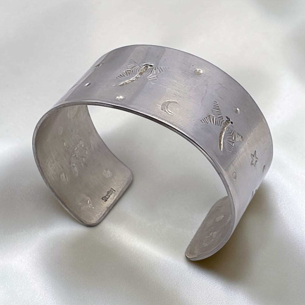Vintage Heavy Sterling Silver Dragonfly Celestial Cuff Bracelet Hand Stamped
