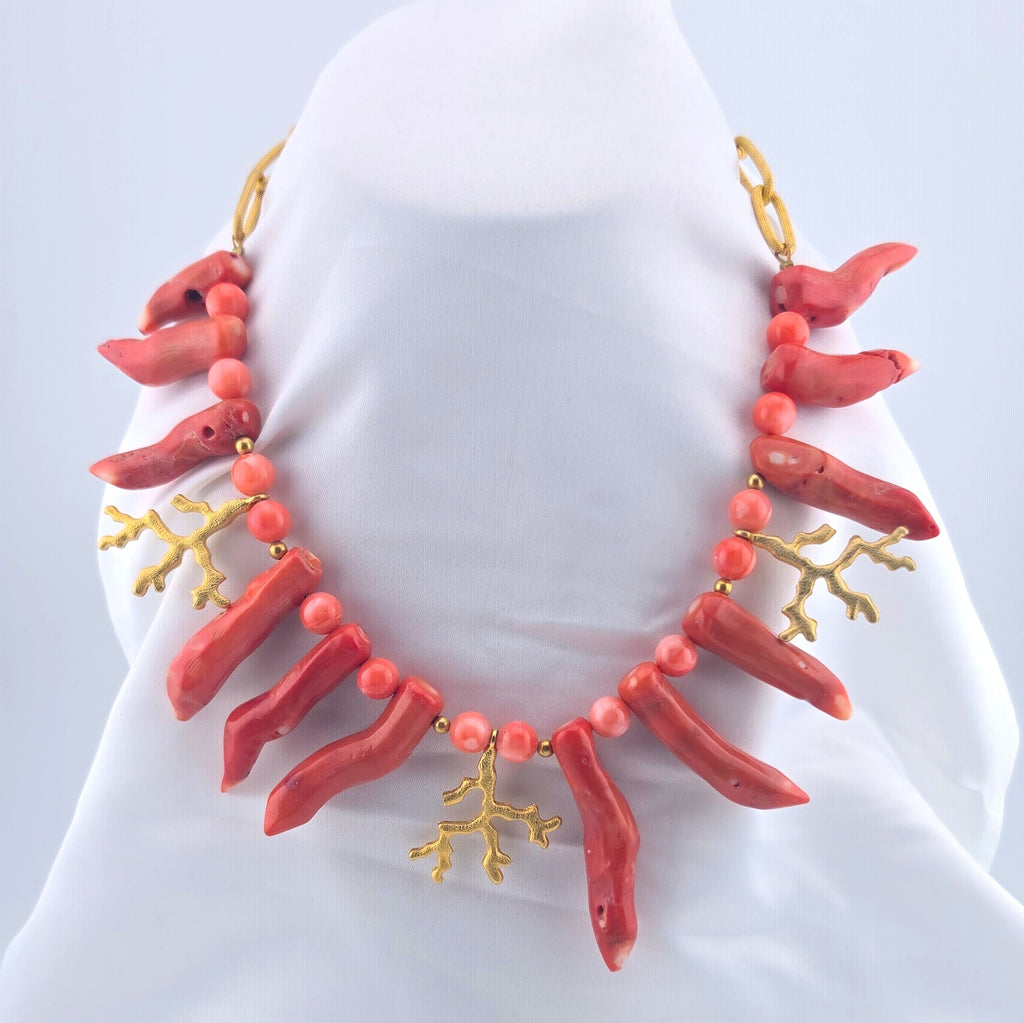 Susan Shaw Genuine Coral Gold Tone Statement Necklace Branch Coral