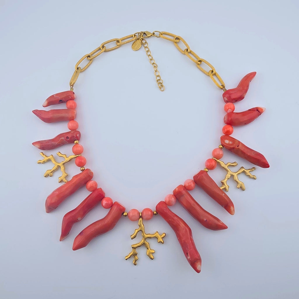 Susan Shaw Genuine Coral Gold Tone Statement Necklace Branch Coral