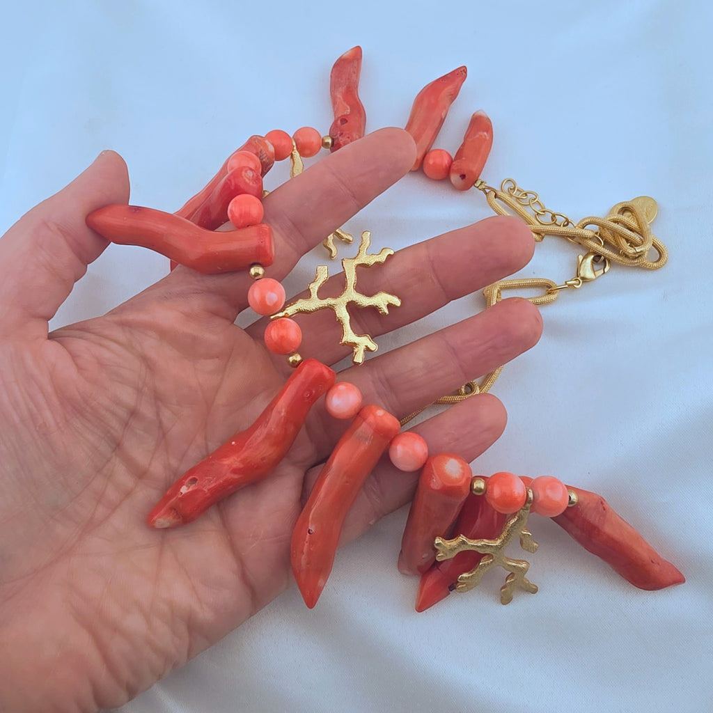 Susan Shaw Genuine Coral Gold Tone Statement Necklace Branch Coral