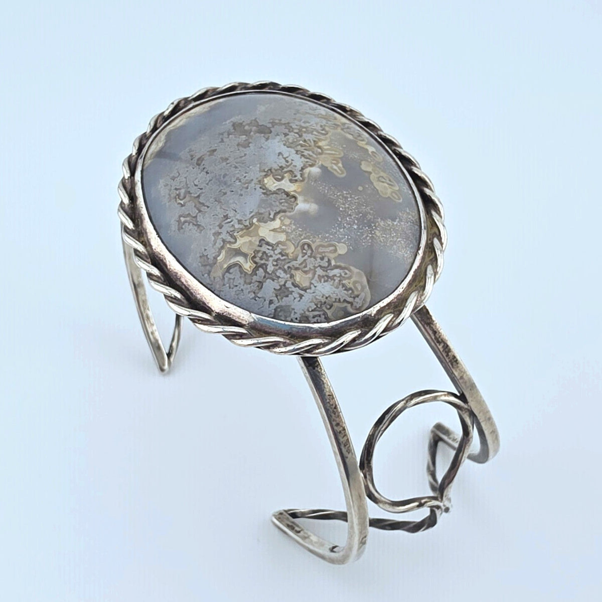 Vintage Sterling Silver Moss Agate Artisan Statement Cuff Bracelet Large 2"
