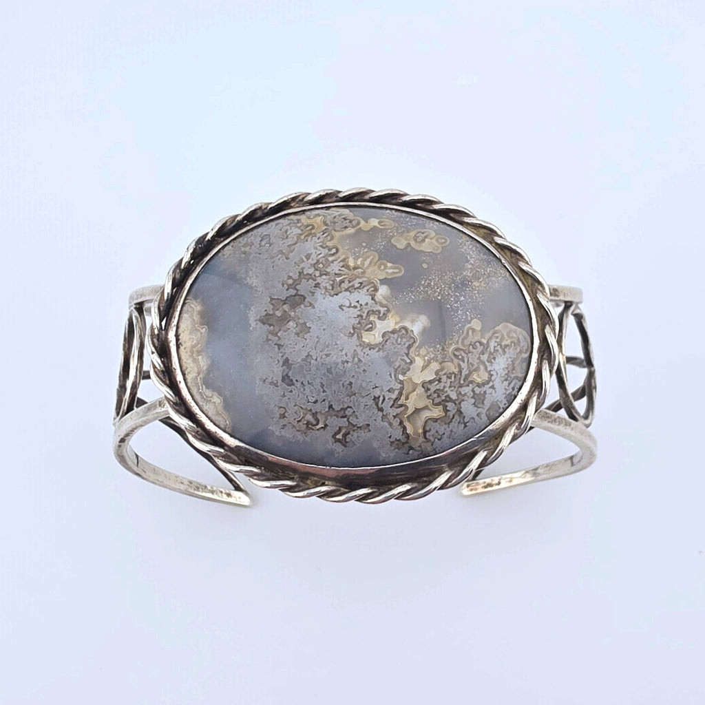 Vintage Sterling Silver Moss Agate Artisan Statement Cuff Bracelet Large 2"