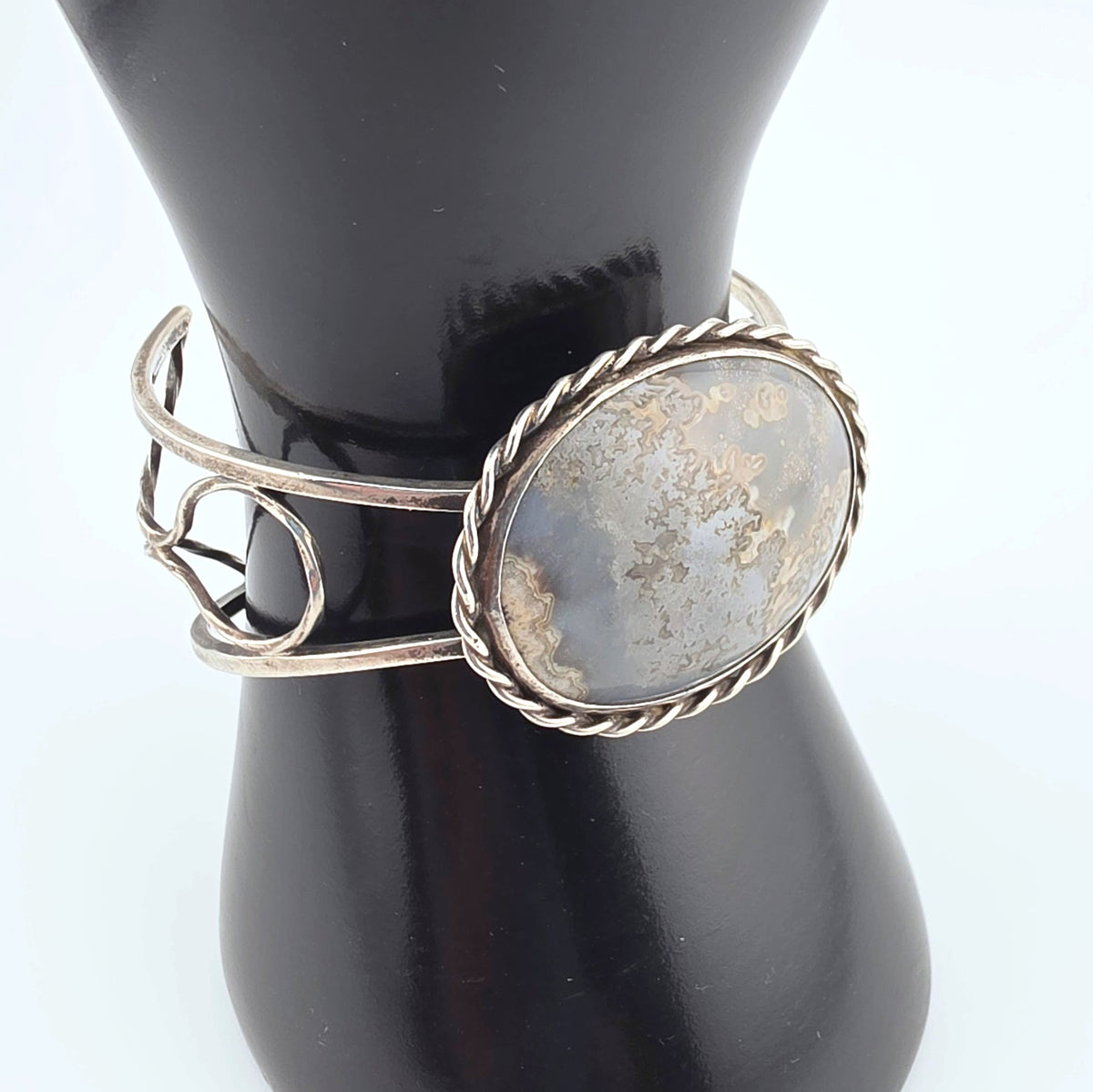 Vintage Sterling Silver Moss Agate Artisan Statement Cuff Bracelet Large 2"