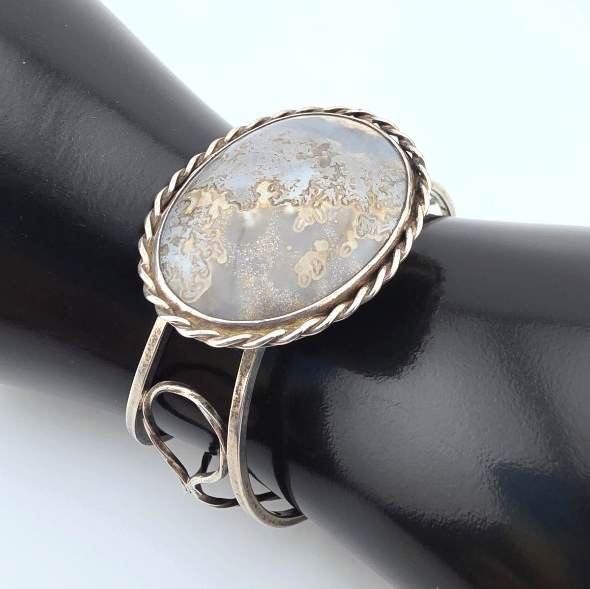 Vintage Sterling Silver Moss Agate Artisan Statement Cuff Bracelet Large 2"