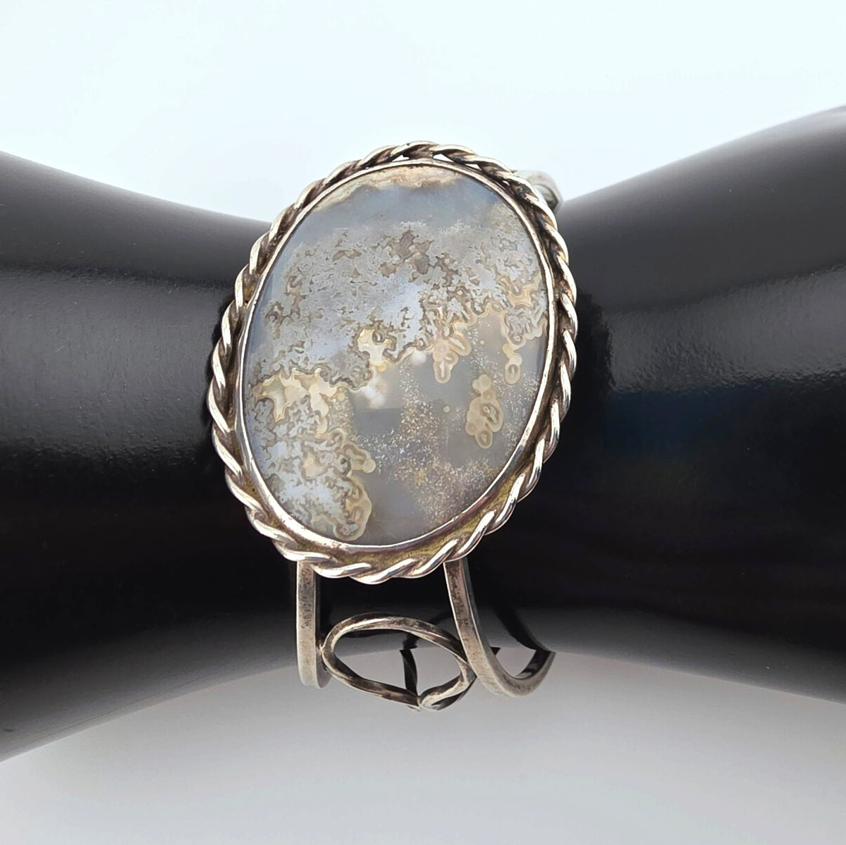 Vintage Sterling Silver Moss Agate Artisan Statement Cuff Bracelet Large 2"