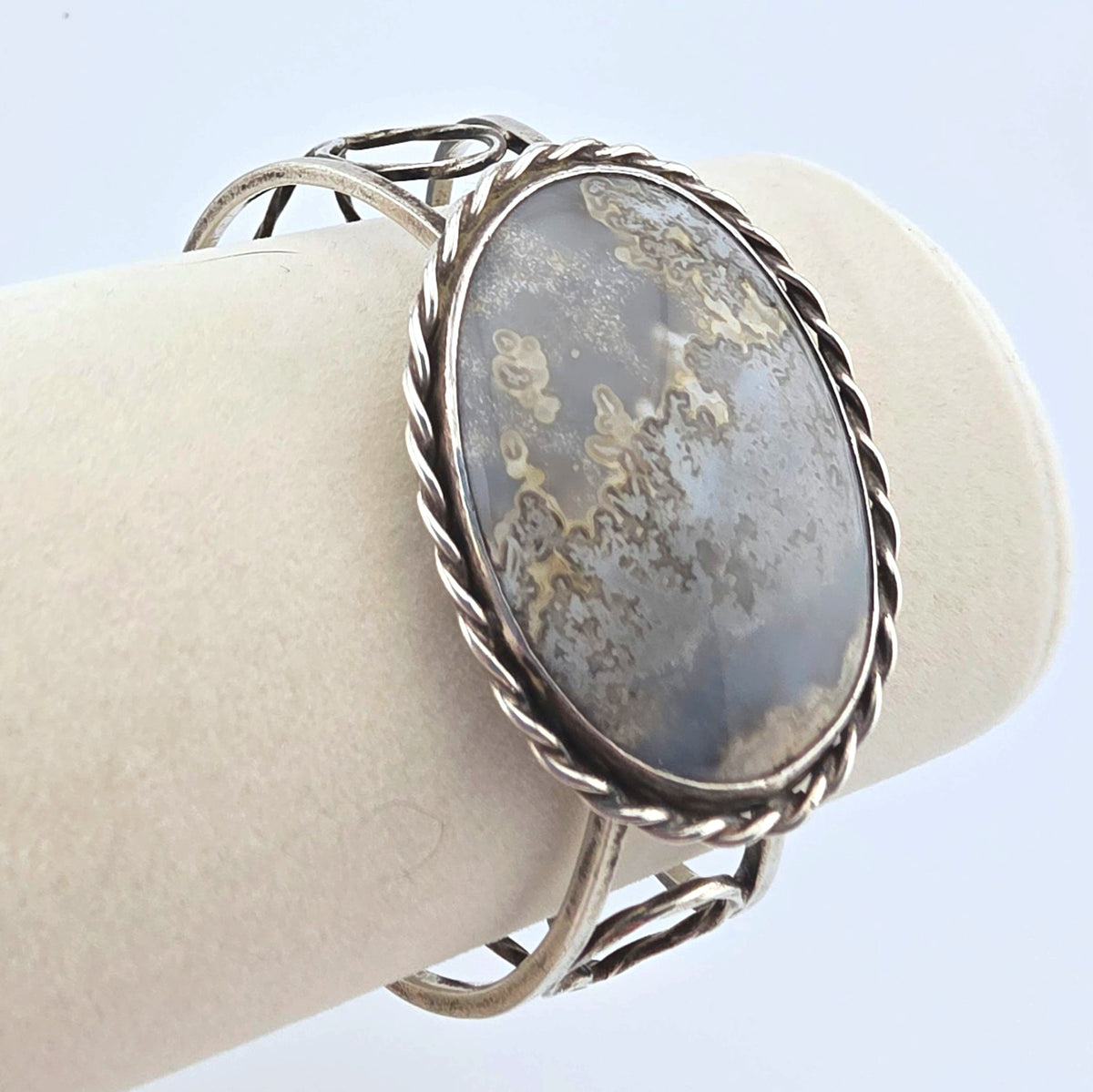 Vintage Sterling Silver Moss Agate Artisan Statement Cuff Bracelet Large 2"