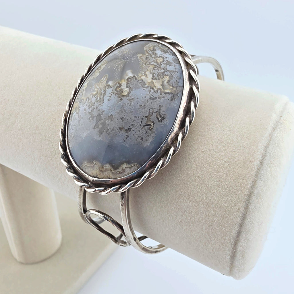 Vintage Sterling Silver Moss Agate Artisan Statement Cuff Bracelet Large 2"