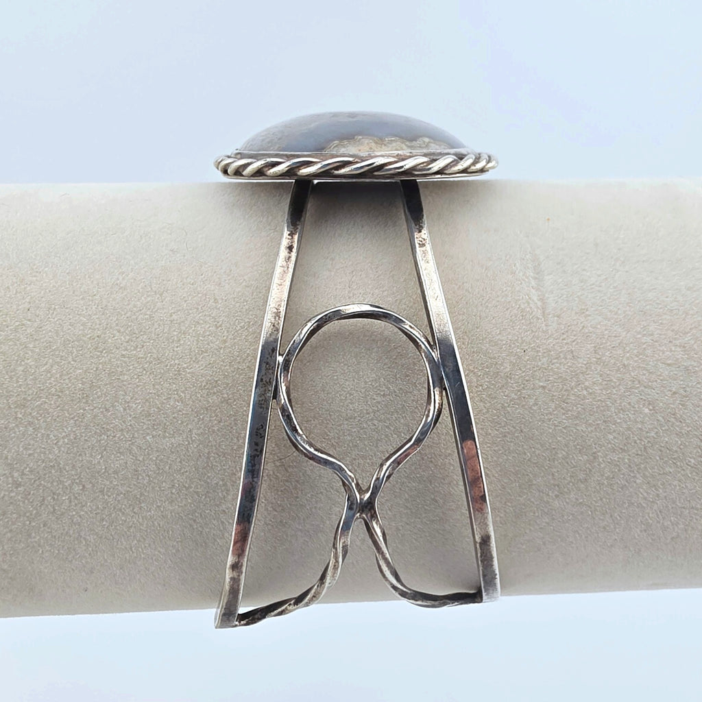 Vintage Sterling Silver Moss Agate Artisan Statement Cuff Bracelet Large 2"
