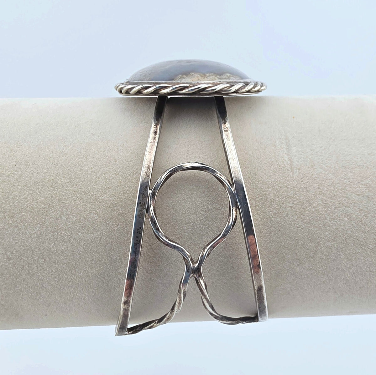 Vintage Sterling Silver Moss Agate Artisan Statement Cuff Bracelet Large 2"