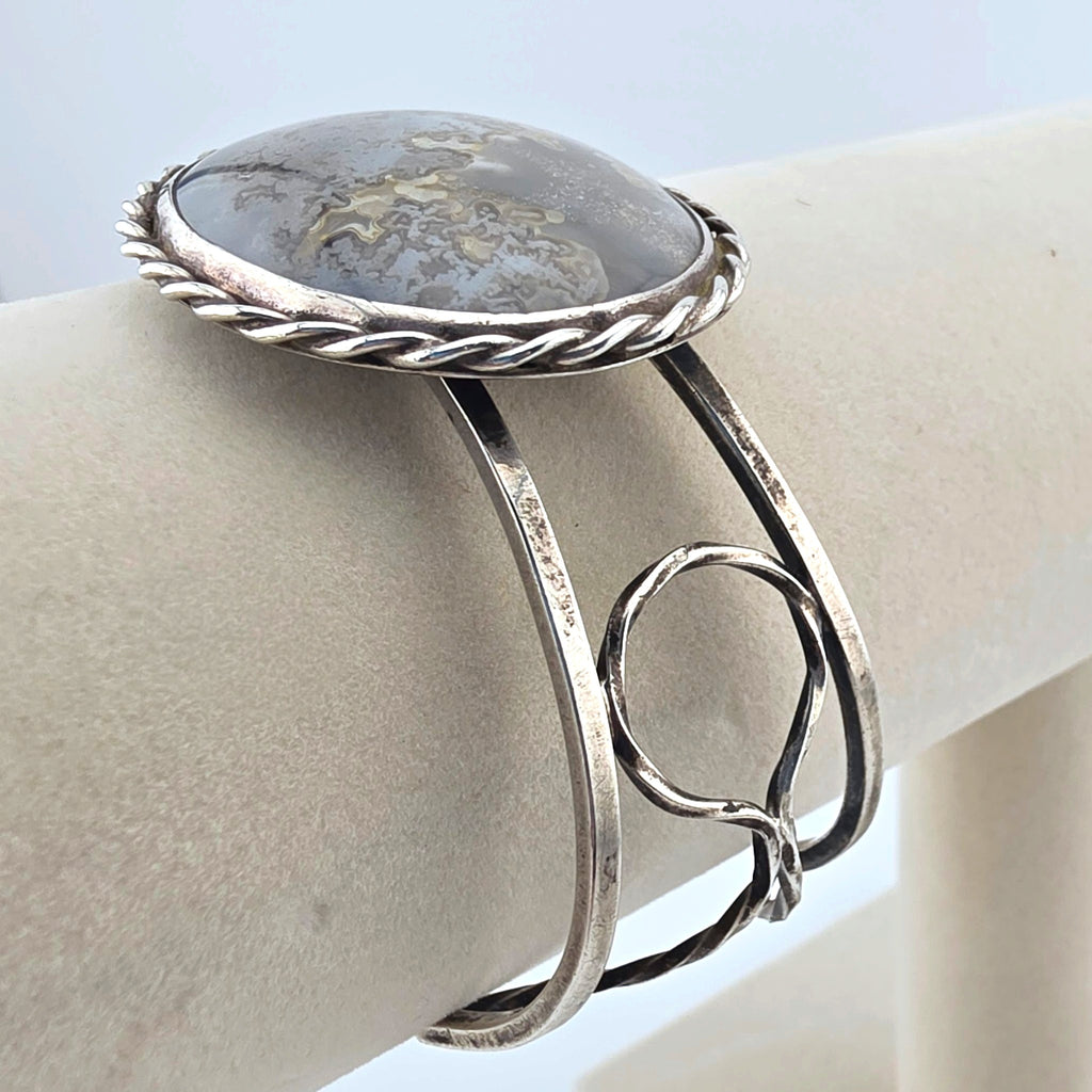 Vintage Sterling Silver Moss Agate Artisan Statement Cuff Bracelet Large 2"