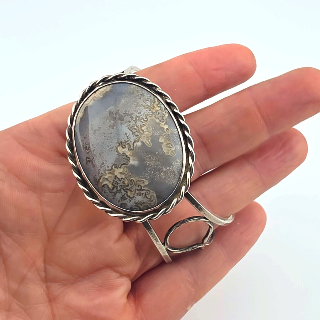 Vintage Sterling Silver Moss Agate Artisan Statement Cuff Bracelet Large 2"
