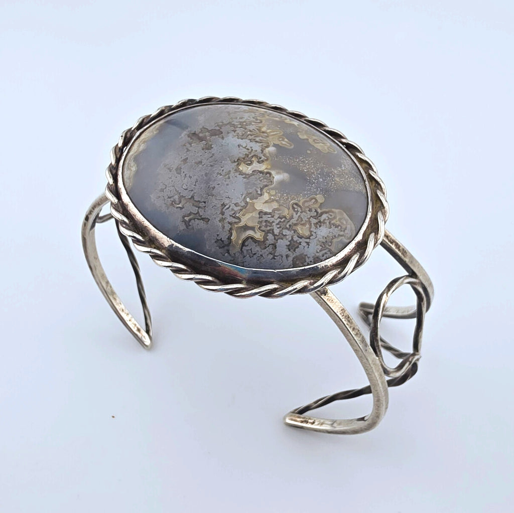 Vintage Sterling Silver Moss Agate Artisan Statement Cuff Bracelet Large 2"