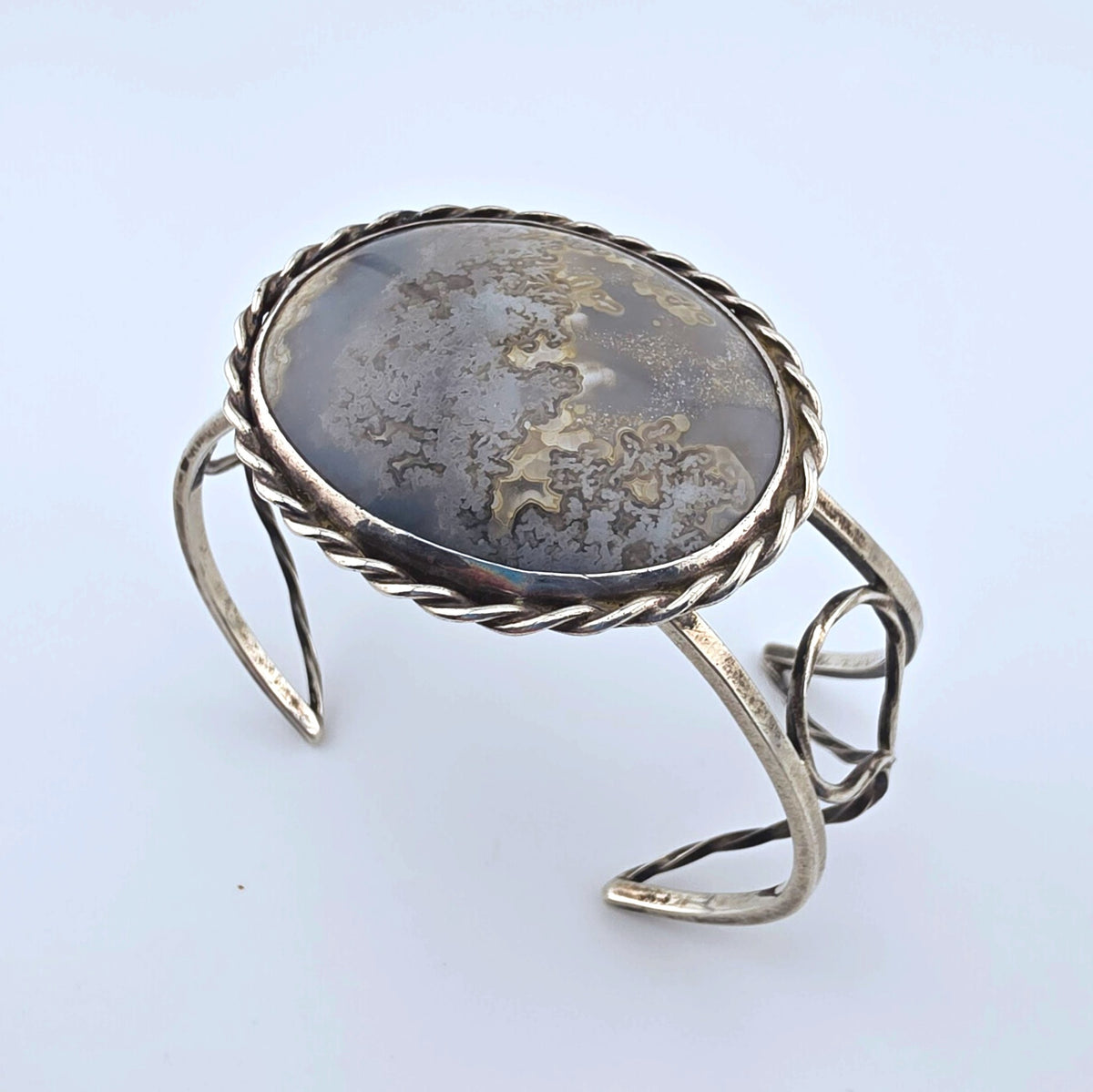 Vintage Sterling Silver Moss Agate Artisan Statement Cuff Bracelet Large 2"