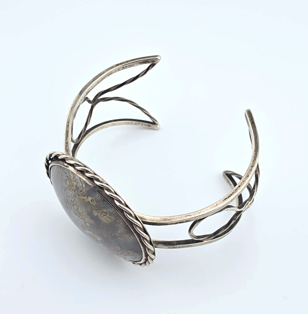 Vintage Sterling Silver Moss Agate Artisan Statement Cuff Bracelet Large 2"