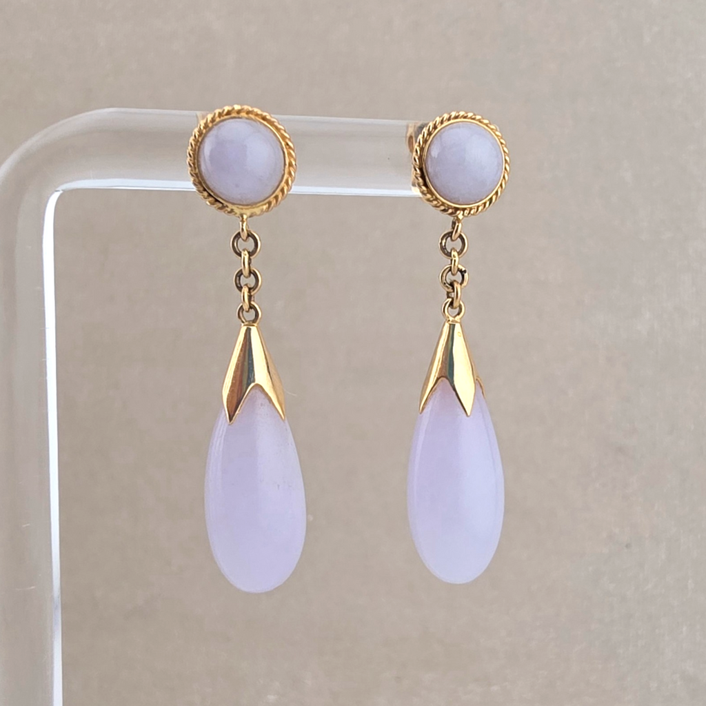 Vintage 14K Gold Icy Lavender Jadeite Jade Dangle Drop Earrings