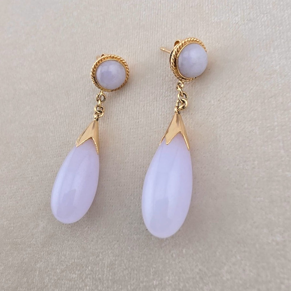 Vintage 14K Gold Icy Lavender Jadeite Jade Dangle Drop Earrings