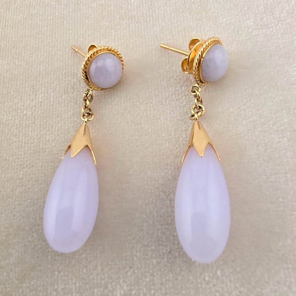 Vintage 14K Gold Icy Lavender Jadeite Jade Dangle Drop Earrings