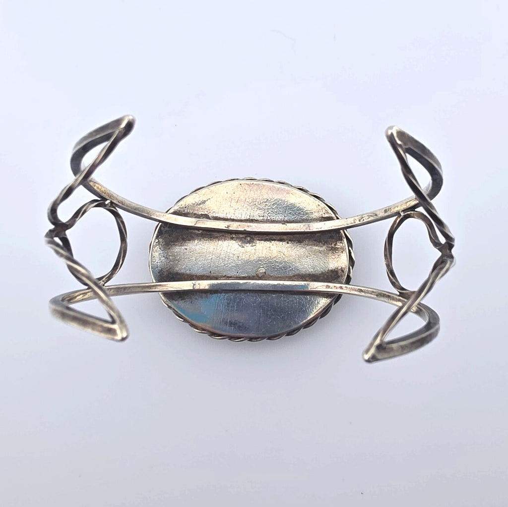 Vintage Sterling Silver Moss Agate Artisan Statement Cuff Bracelet Large 2"