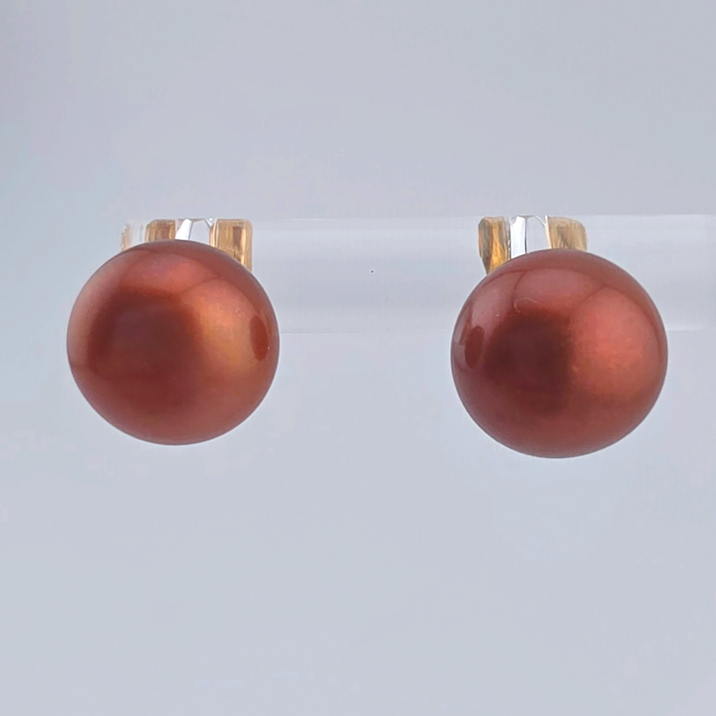 14K Gold Natural Bronze Cultured Pearl Stud Earrings 10mm Rose Copper Pearl