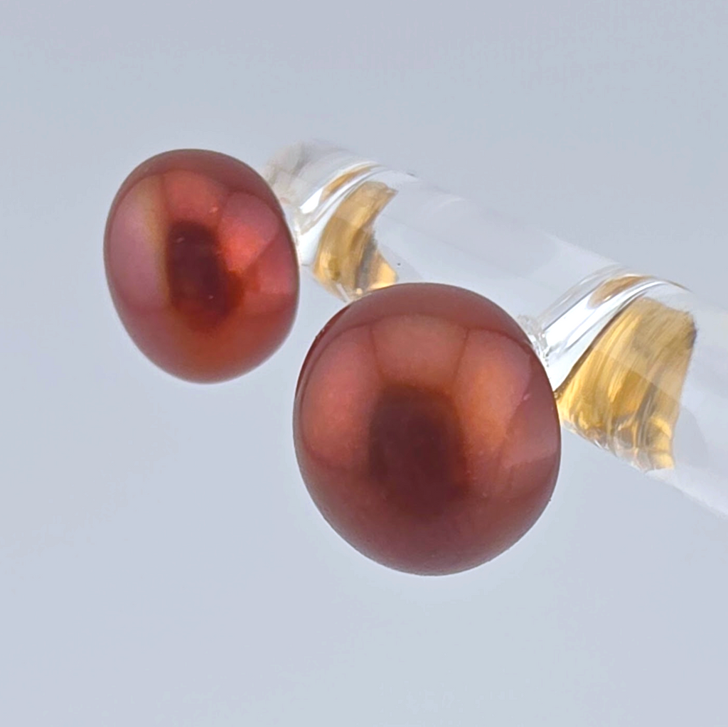 14K Gold Natural Bronze Cultured Pearl Stud Earrings 10mm Rose Copper Pearl