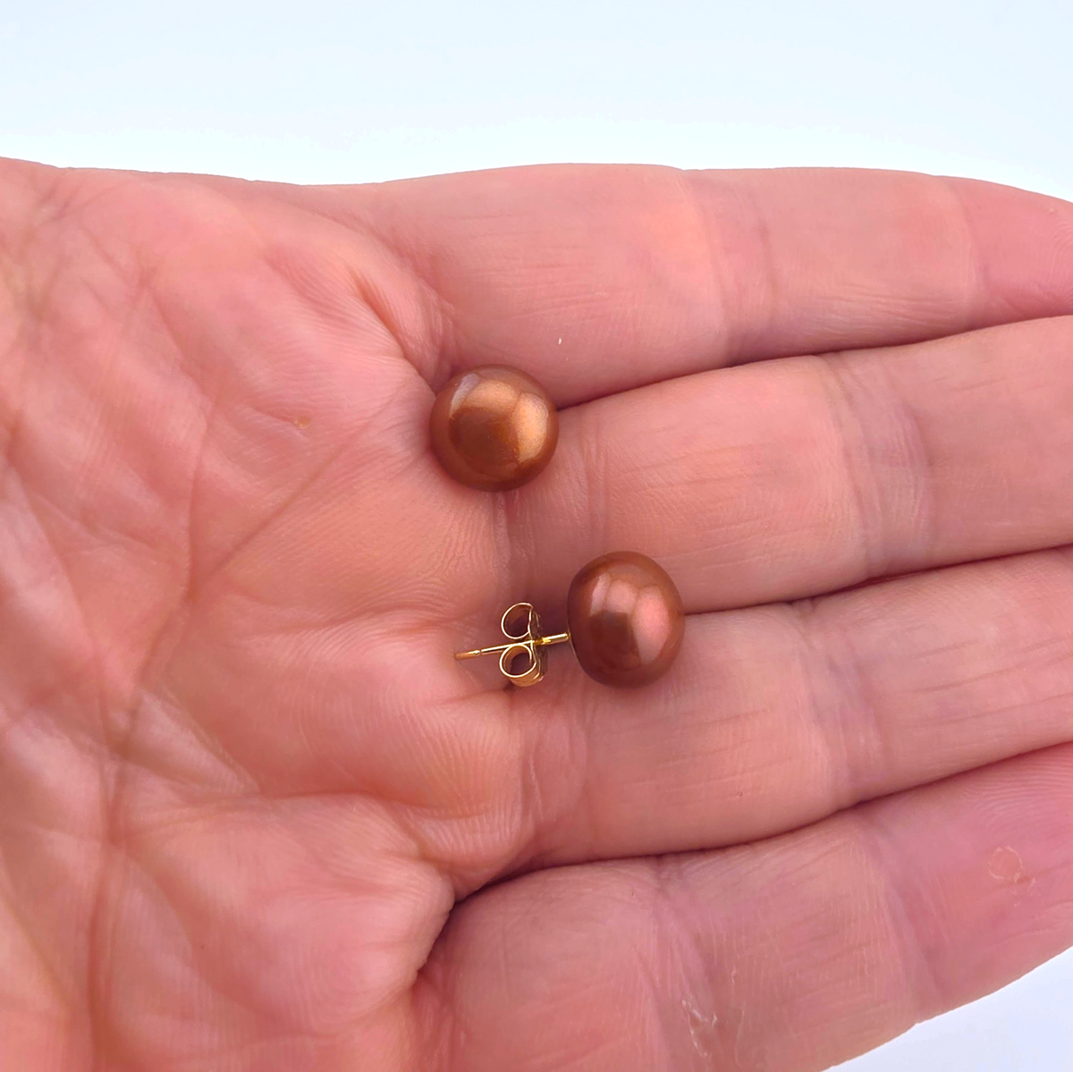 14K Gold Natural Bronze Cultured Pearl Stud Earrings 10mm Rose Copper Pearl