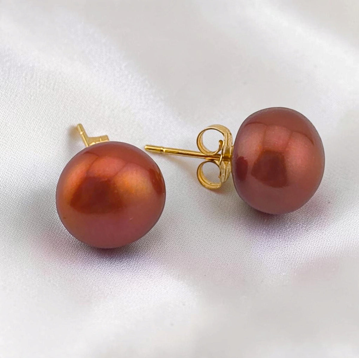 14K Gold Natural Bronze Cultured Pearl Stud Earrings 10mm Rose Copper Pearl
