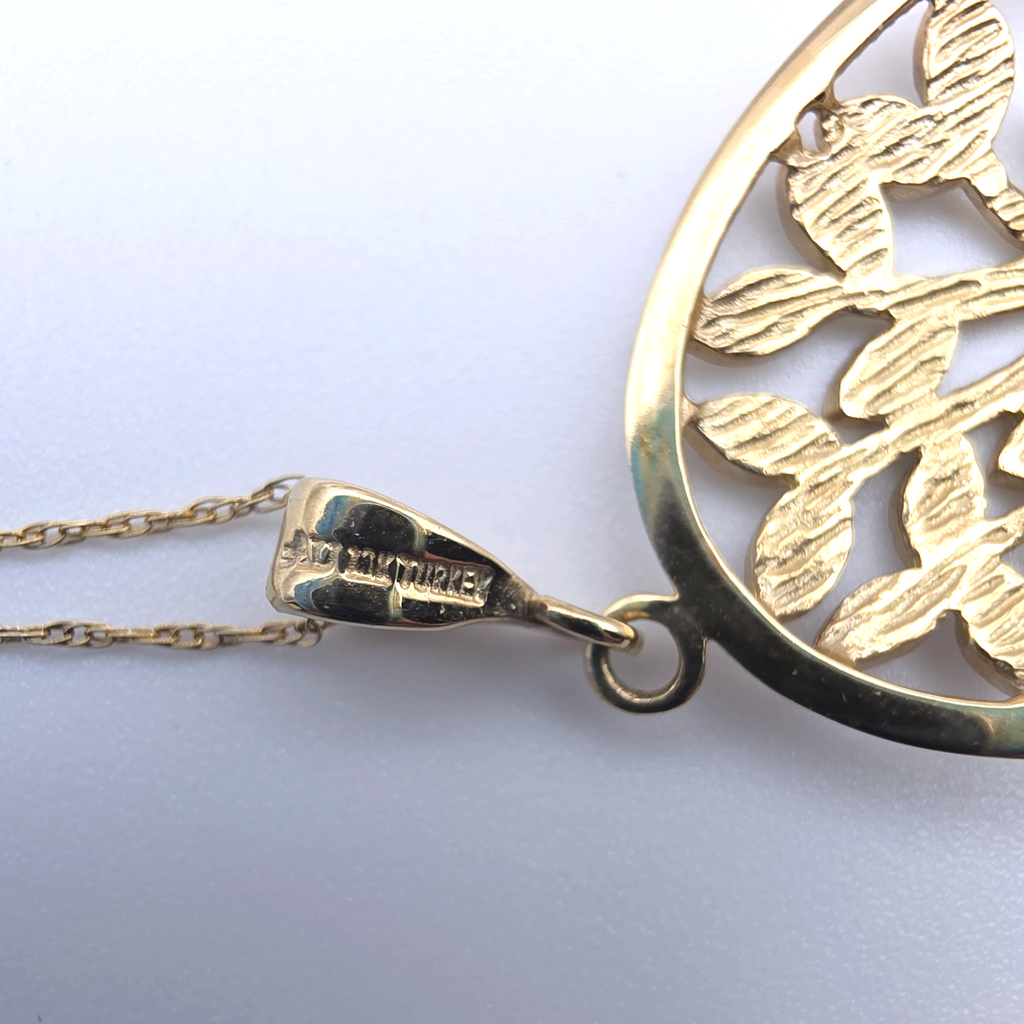 14K Solid Gold Tree of Life Pendant Necklace Cut White and Yellow Gold
