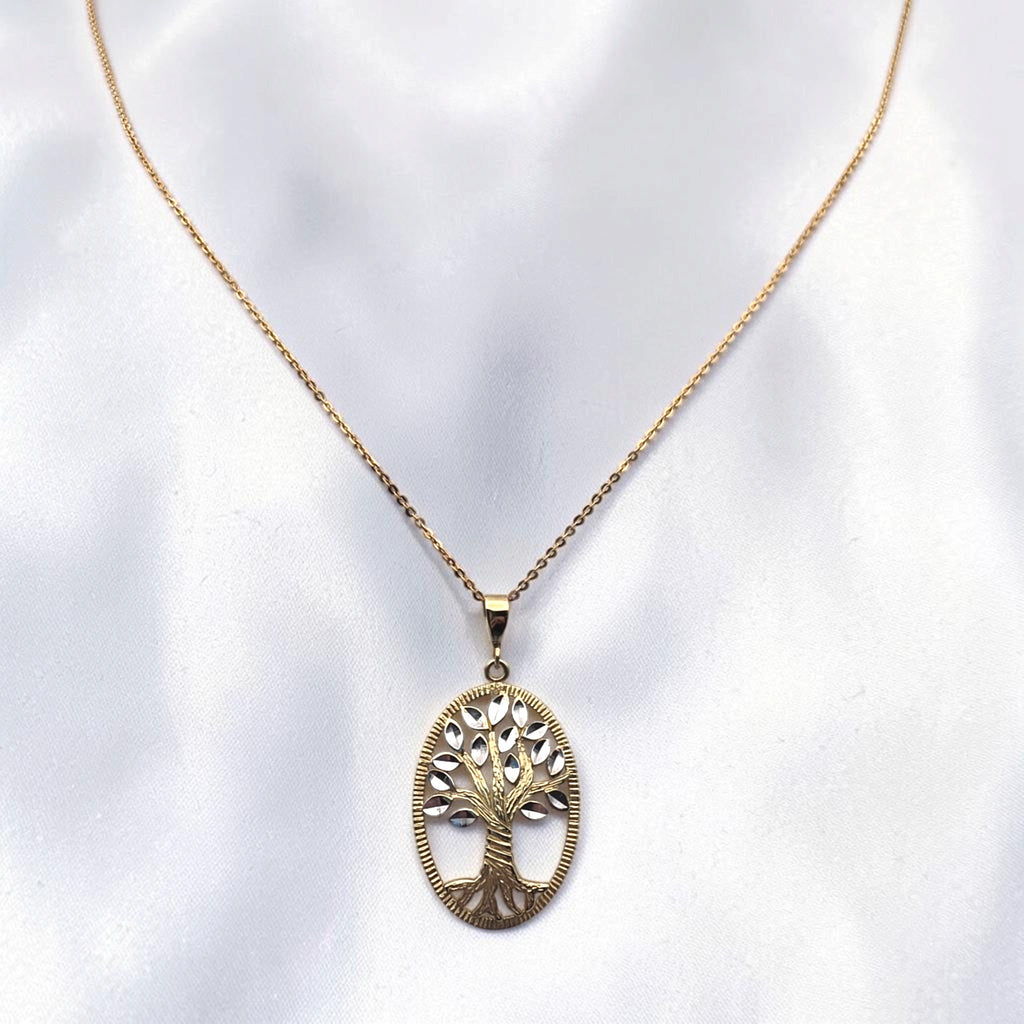14K Solid Gold Tree of Life Pendant Necklace Cut White and Yellow Gold