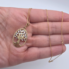 14K Solid Gold Tree of Life Pendant Necklace Cut White and Yellow Gold