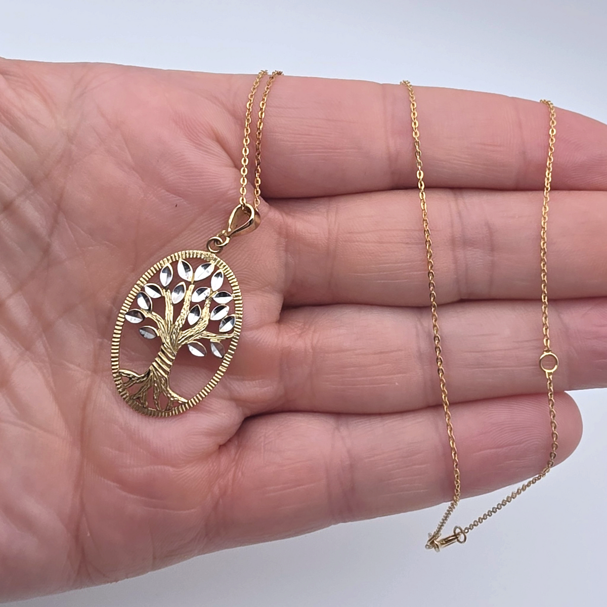 14K Solid Gold Tree of Life Pendant Necklace Cut White and Yellow Gold