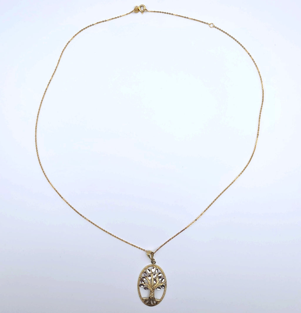 14K Solid Gold Tree of Life Pendant Necklace Cut White and Yellow Gold