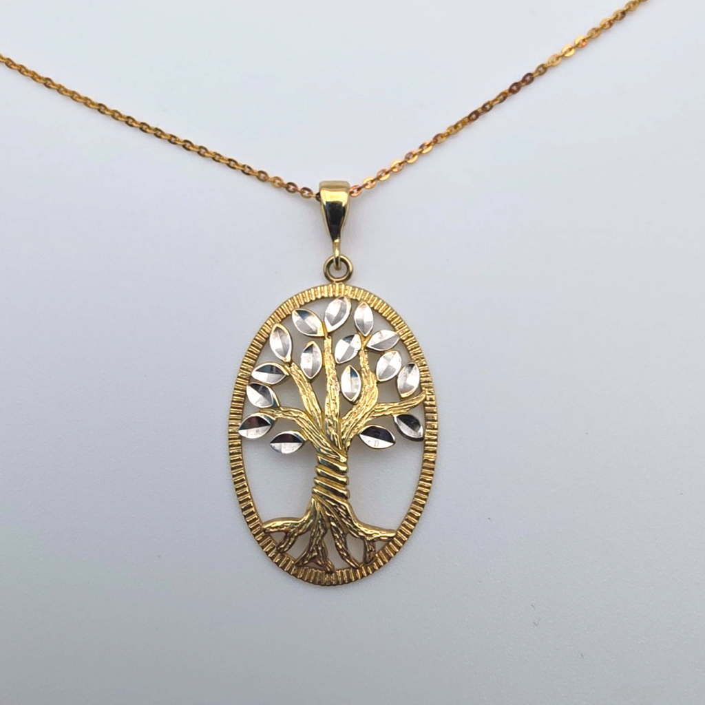 14K Solid Gold Tree of Life Pendant Necklace Cut White and Yellow Gold