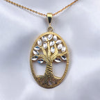 14K Solid Gold Tree of Life Pendant Necklace Cut White and Yellow Gold